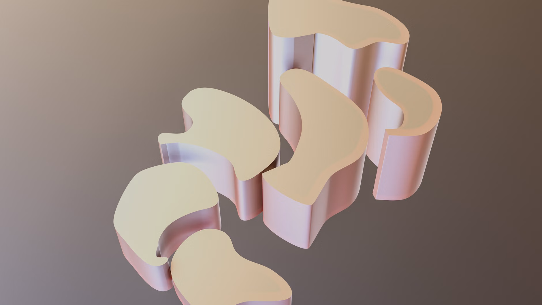 Abstrakte 3D-Formen mit einem sanften Pastell-Finish vor einem Farbverlauf-Hintergrund.