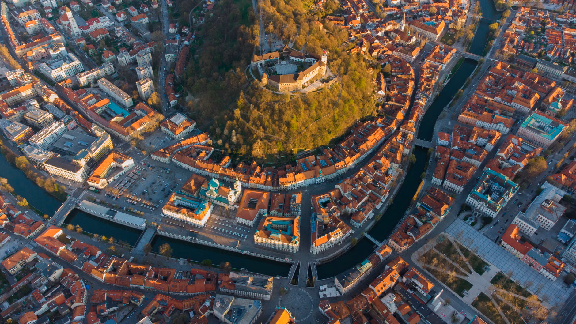 A breathtaking aerial view of Ljubljana showcasing its vibrant architecture and historic castle.