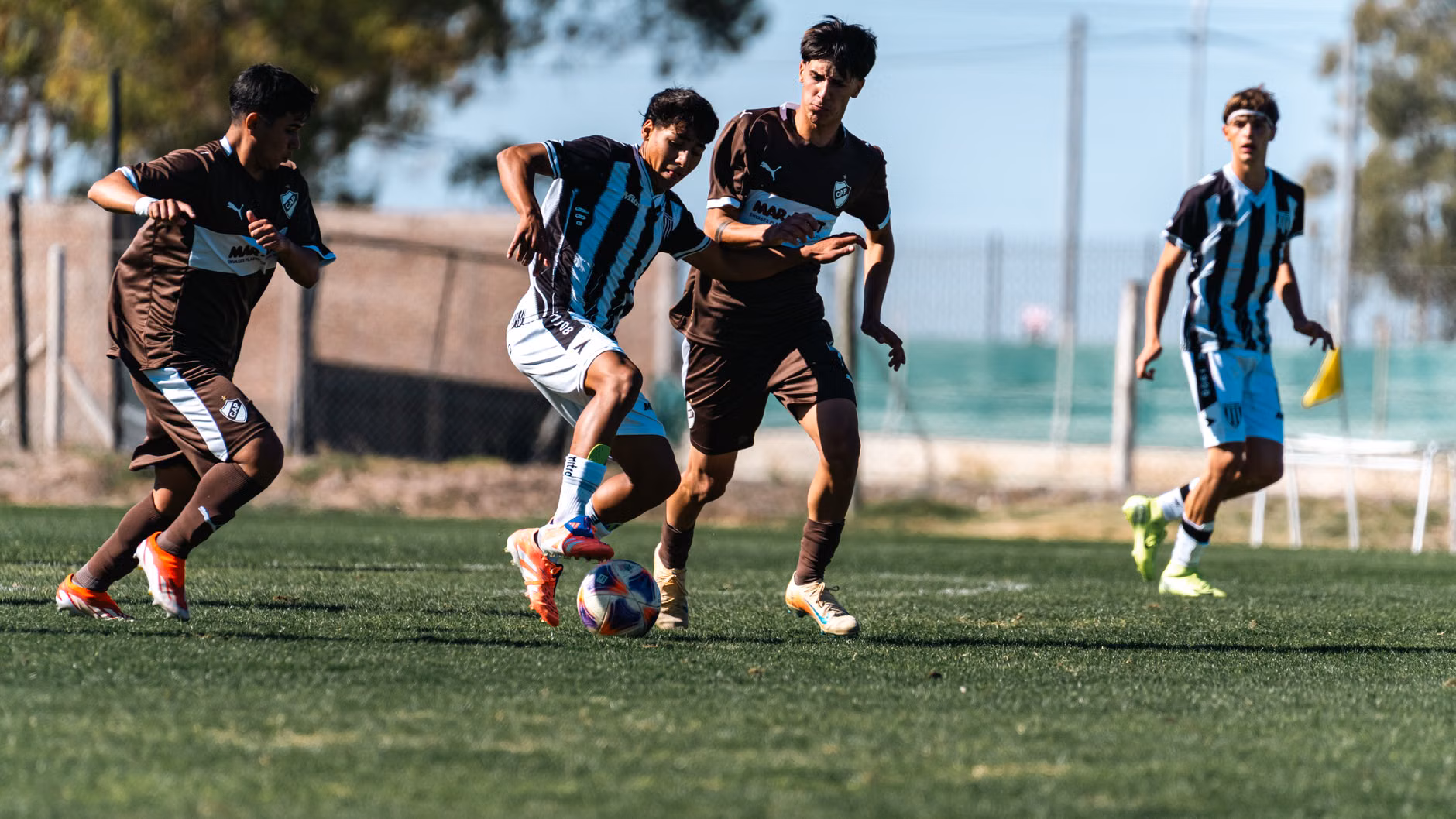 Young soccer players in action on a sunny field, capturing competitive spirit.